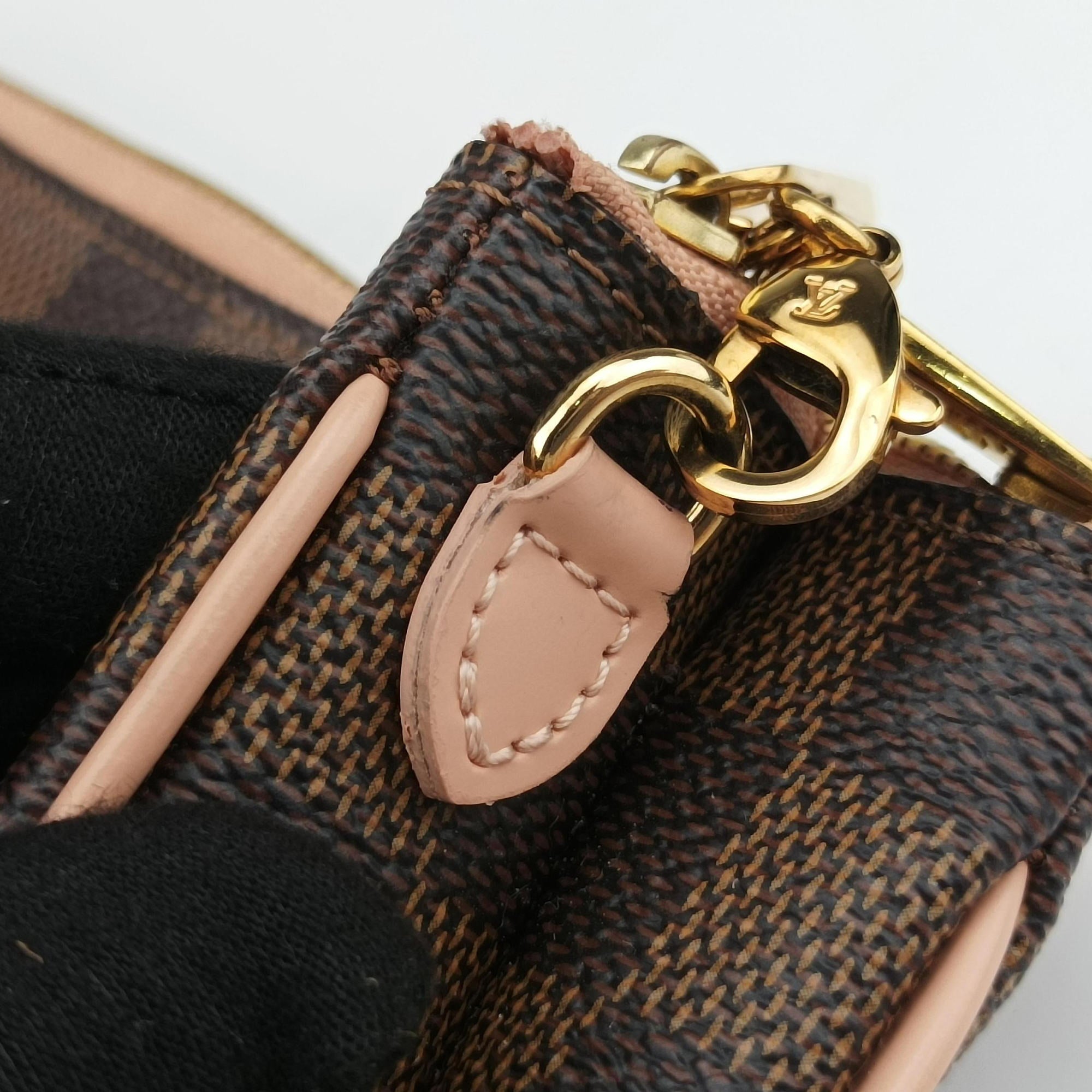Pre-owned Louis Vuitton Pochette Double Zip EBENE×Rose Ballerine Damier Canvas N60254 shoulderbag | stylenewstar