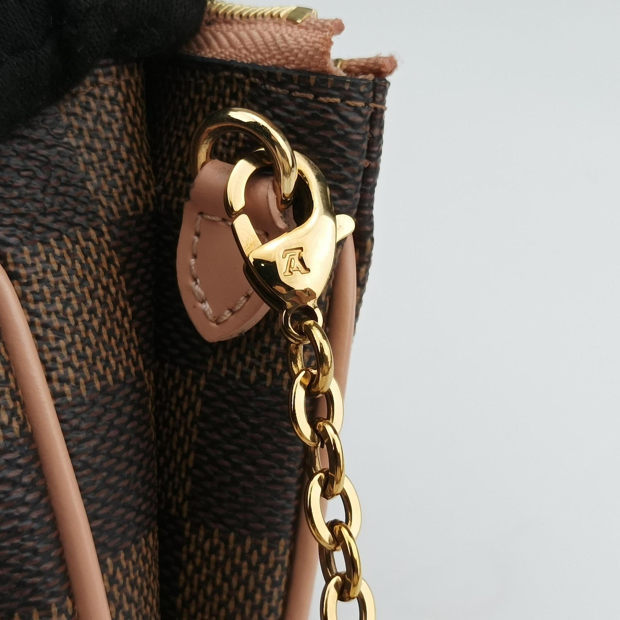 Pre-owned Louis Vuitton Pochette Double Zip EBENE×Rose Ballerine Damier Canvas N60254 shoulderbag | stylenewstar