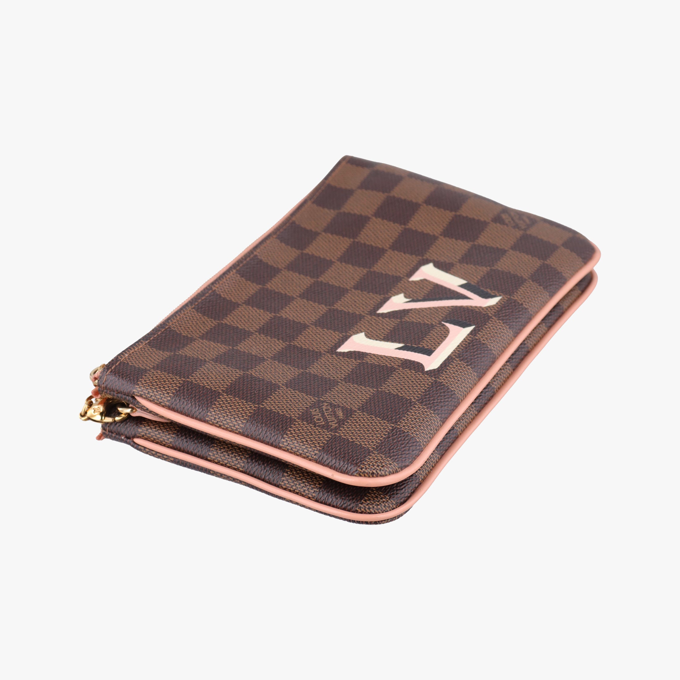 Pre-owned Louis Vuitton Pochette Double Zip EBENE×Rose Ballerine Damier Canvas N60254 shoulderbag | stylenewstar