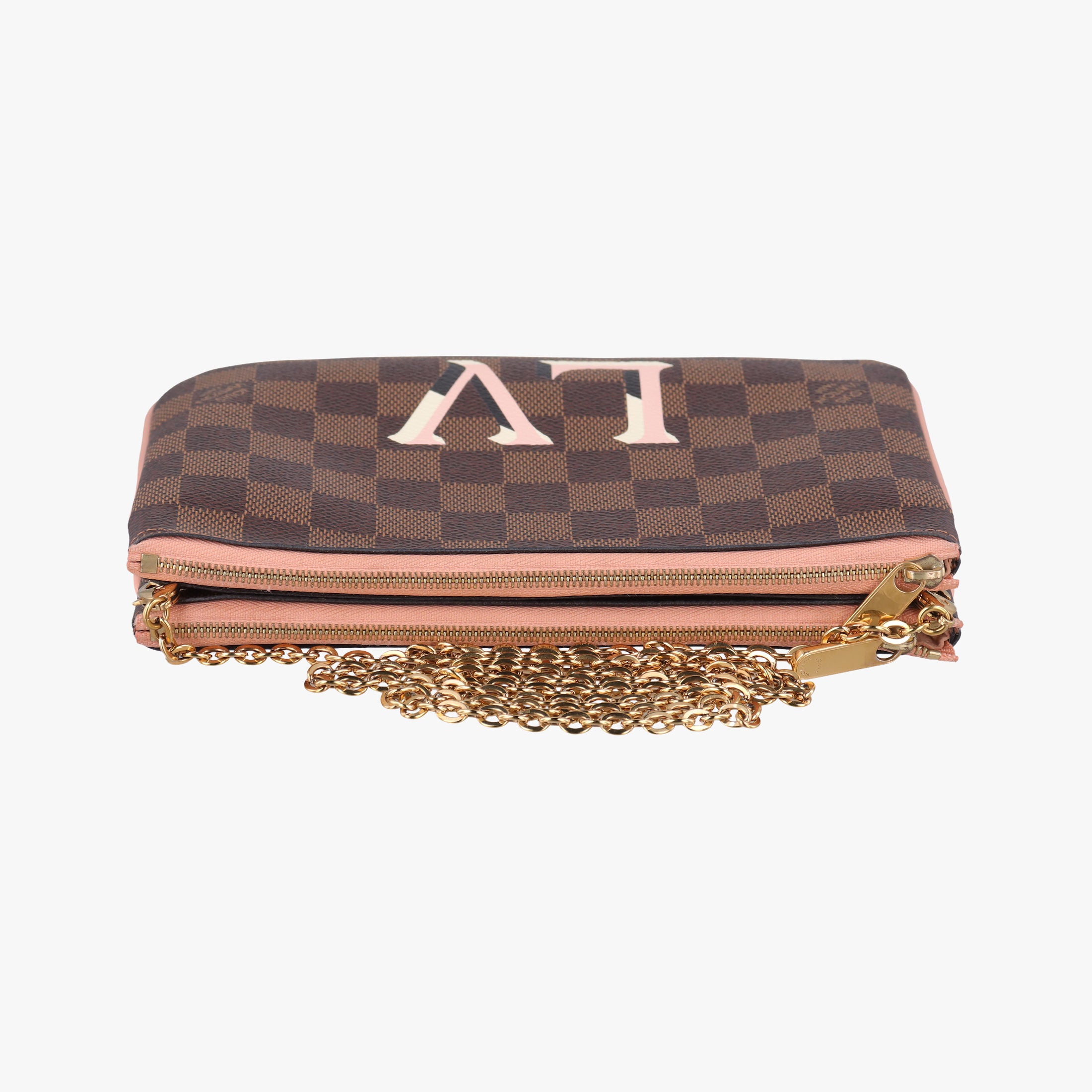 Pre-owned Louis Vuitton Pochette Double Zip EBENE×Rose Ballerine Damier Canvas N60254 shoulderbag | stylenewstar