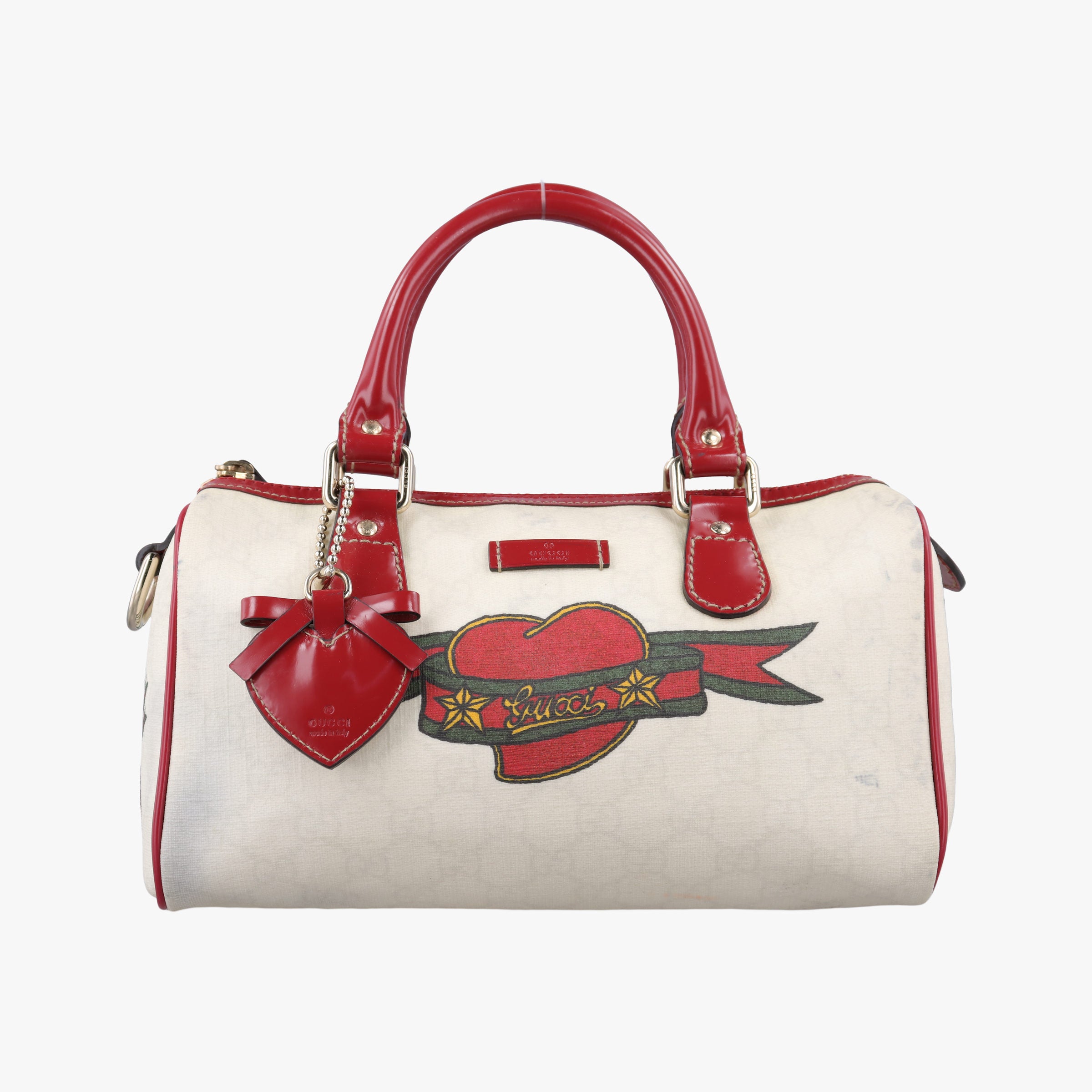 Pre-owned Gucci GG Supreme Tattoo Print Heart Charm Joy White PVC coated canvas 190257 handbag | stylenewstar