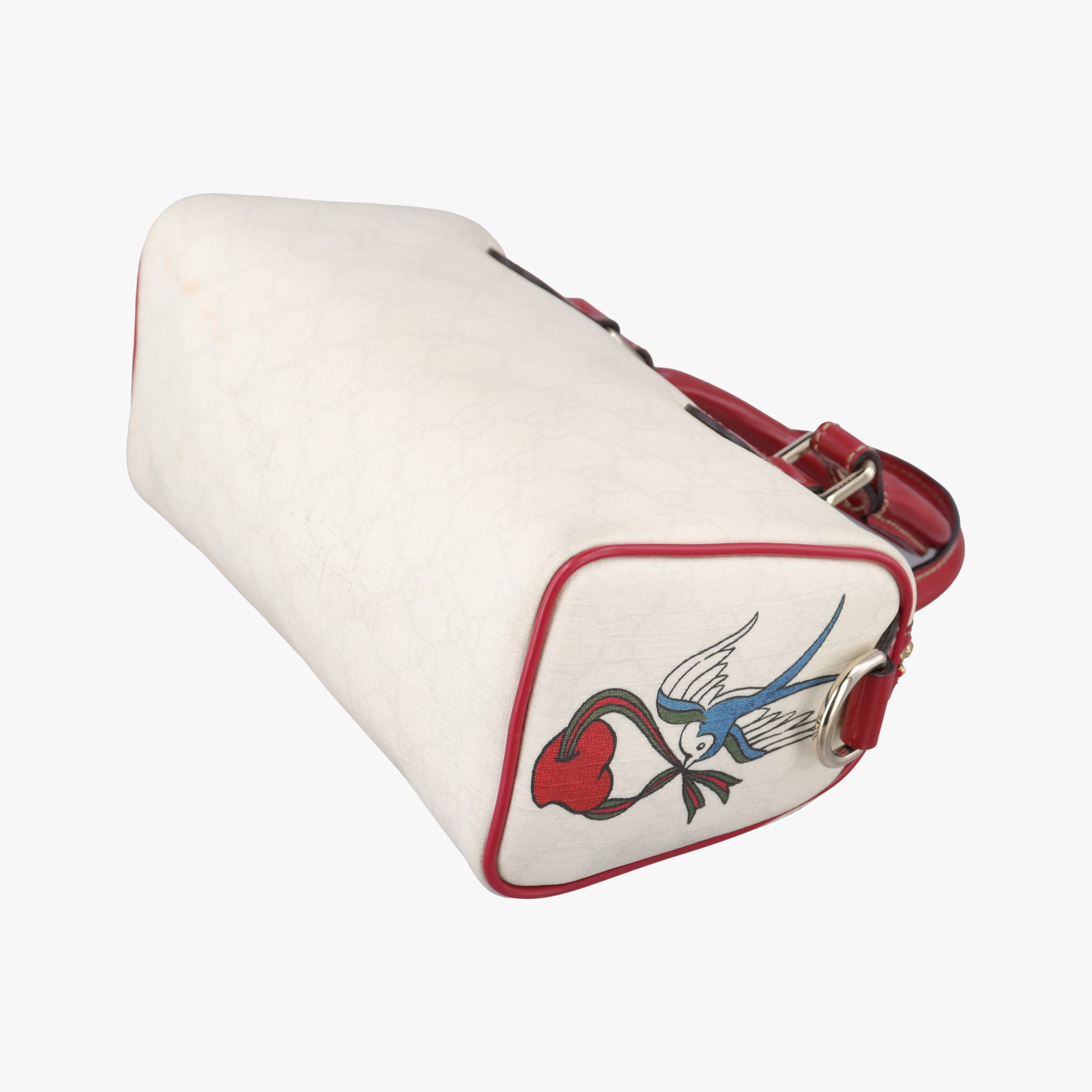 Pre-owned Gucci GG Supreme Tattoo Print Heart Charm Joy White PVC coated canvas 190257 handbag | stylenewstar