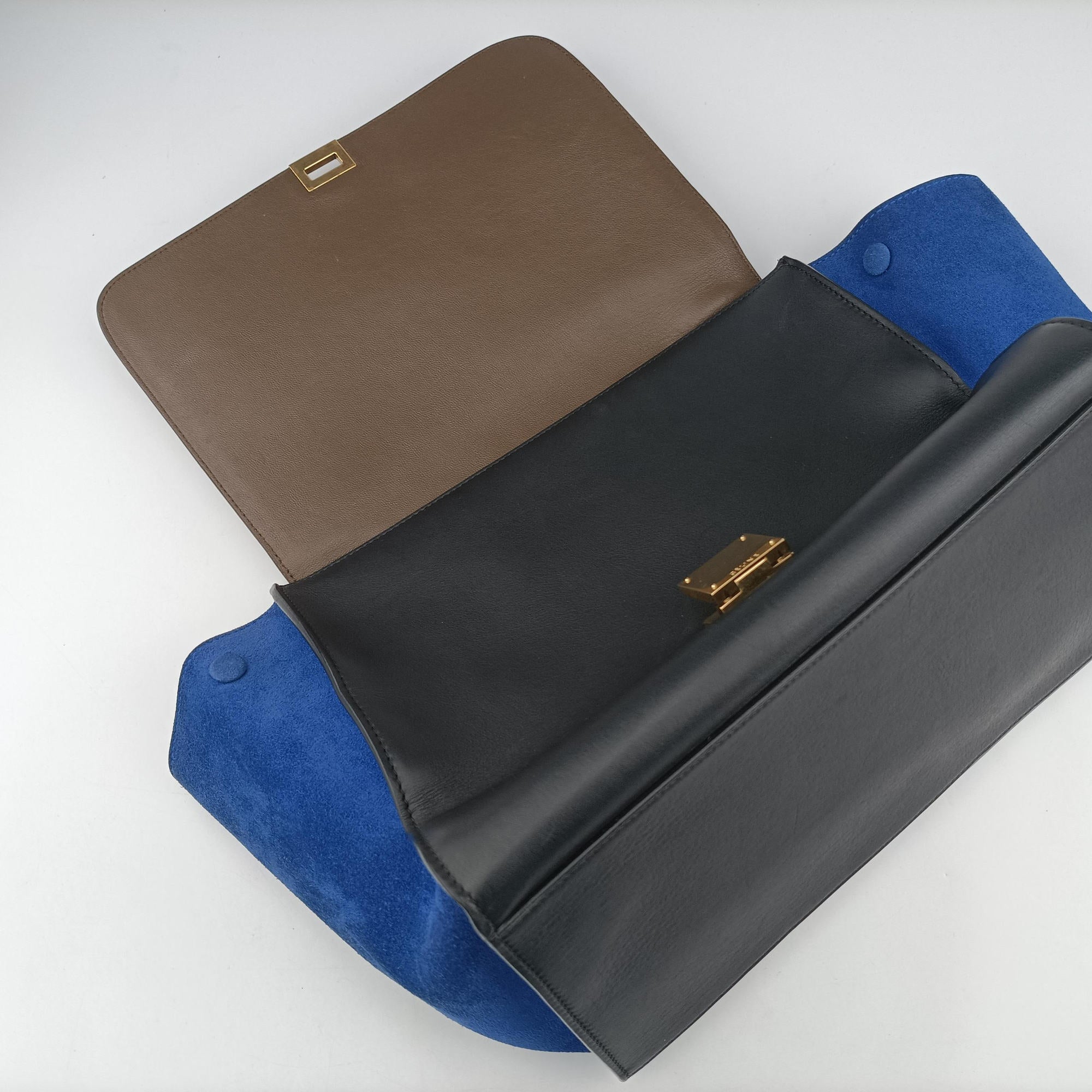 Pre-owned Celine Trapeze Brown×Black×Blue Suede × leather  shoulderbag | stylenewstar