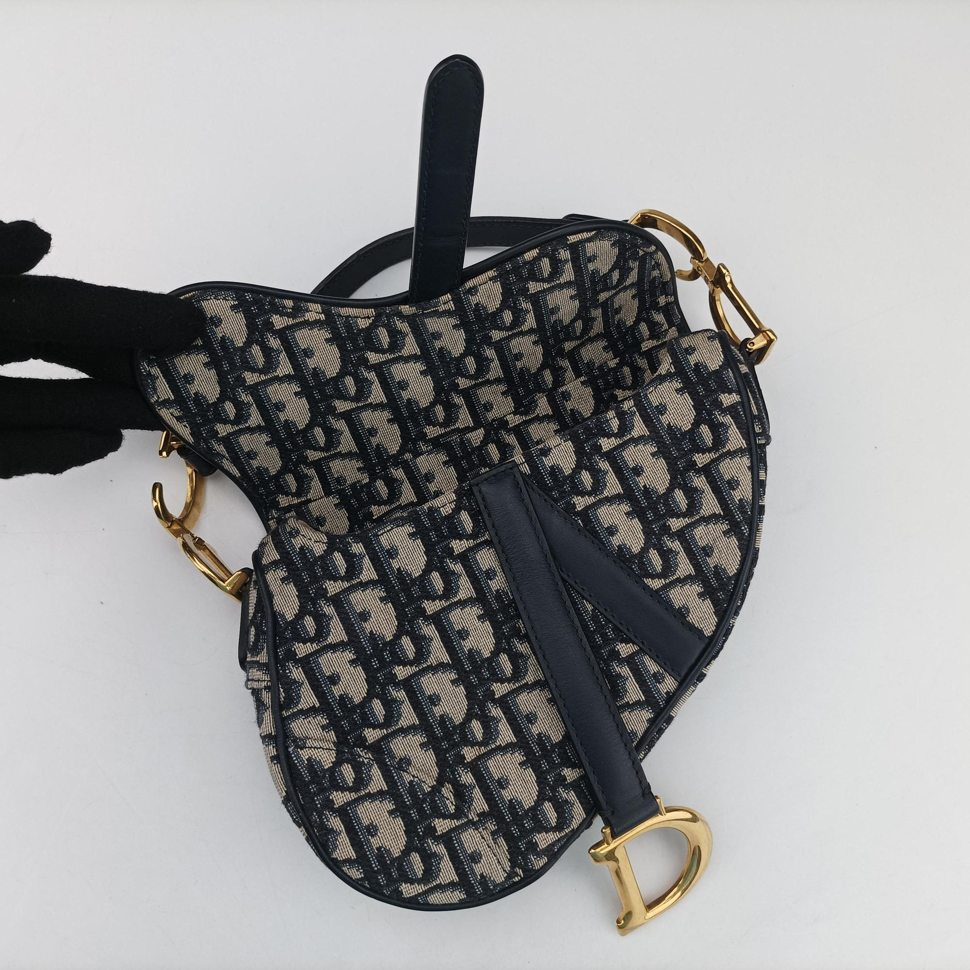 Secondhand Christian Dior Saddle Navy×grey Jacquard × Leather  handbag | stylenewstar
