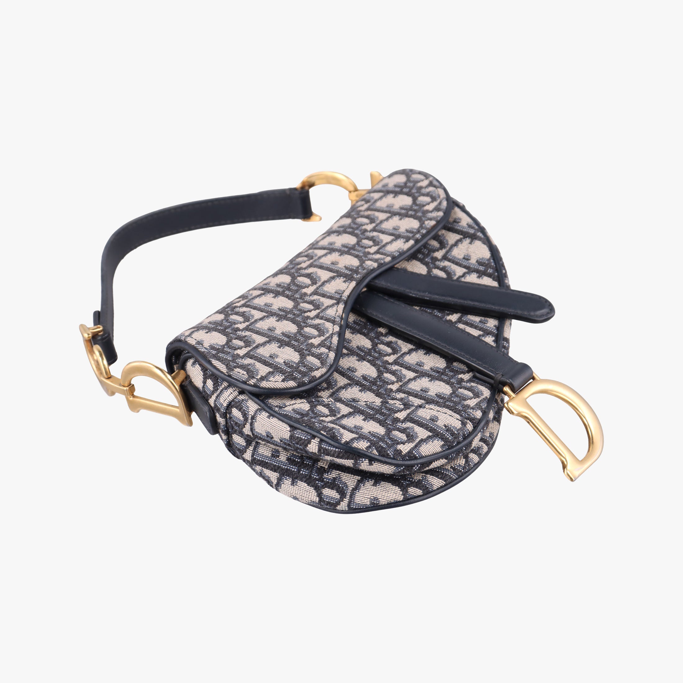 Secondhand Christian Dior Saddle Navy×grey Jacquard × Leather  handbag | stylenewstar
