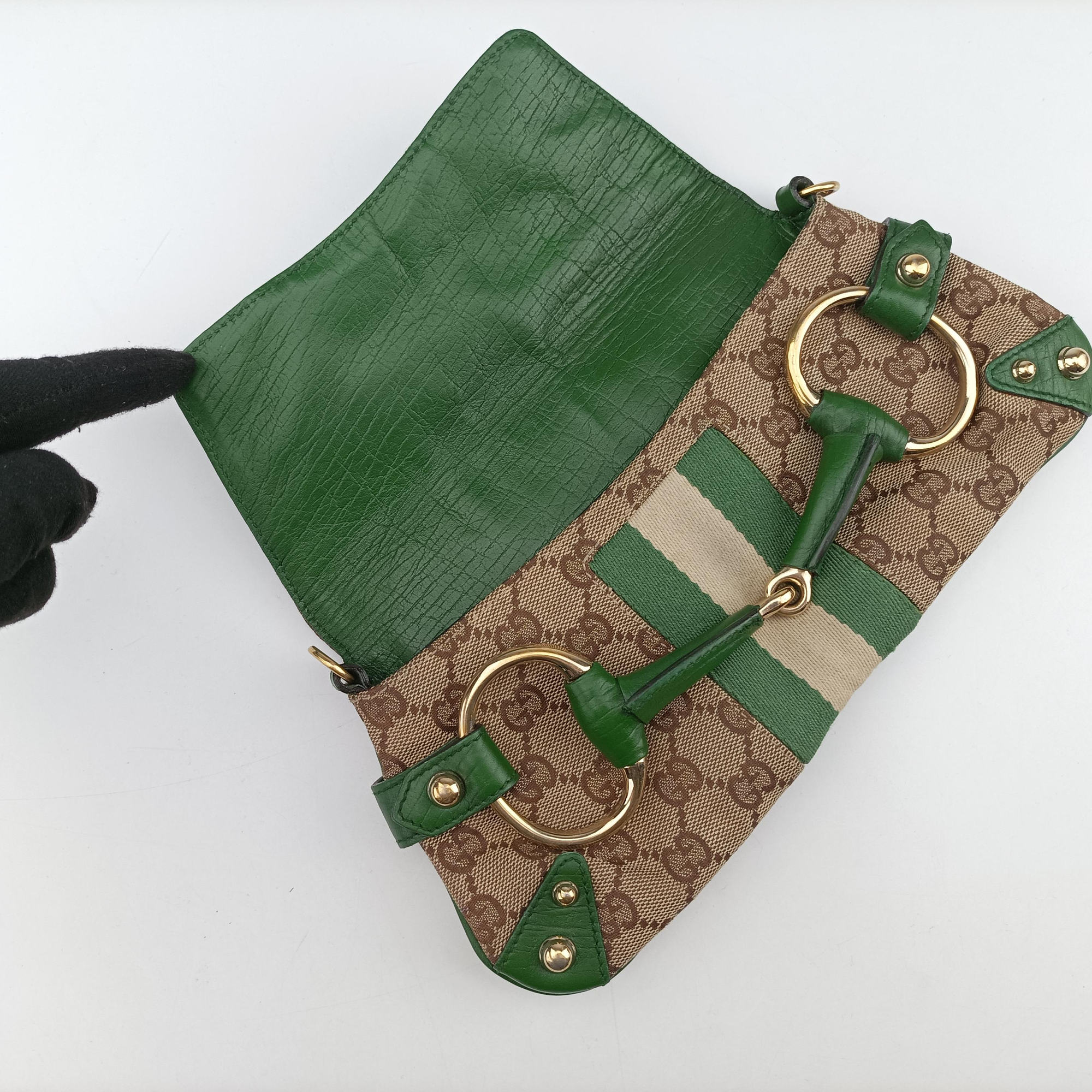 Pre-owned Gucci Horsebit Beige×green×ivory Canvas×Leather 131470 handbag | stylenewstar