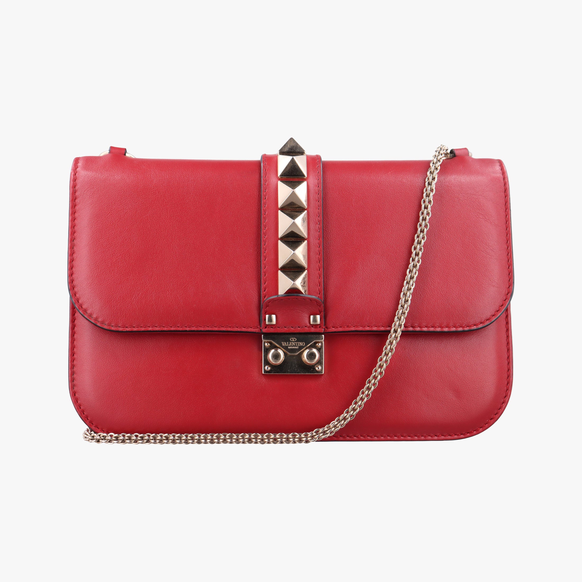 Pre-owned Valentino Rockstud Glam Lock Red Leather  shoulderbag | stylenewstar