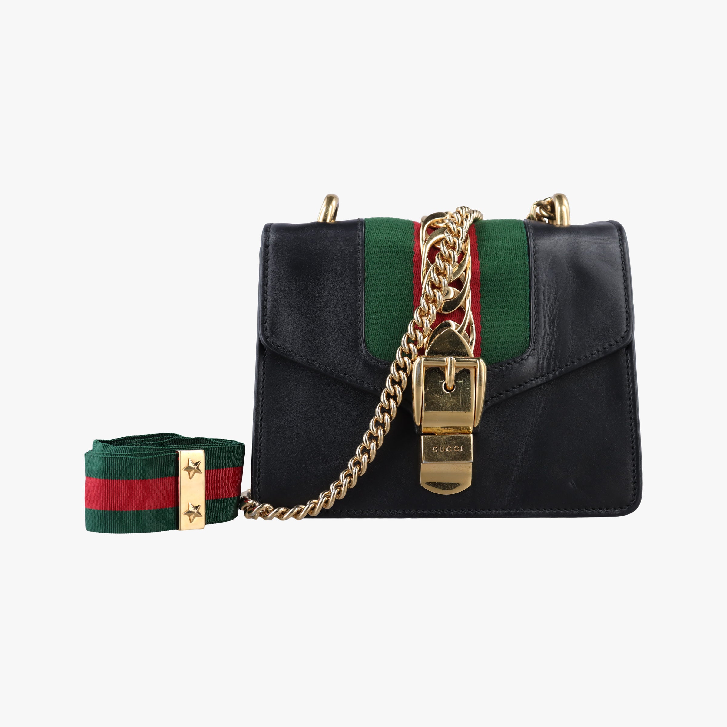 Pre-owned Gucci Sylvie Black×red×Green Leather 431666 handbag | stylenewstar