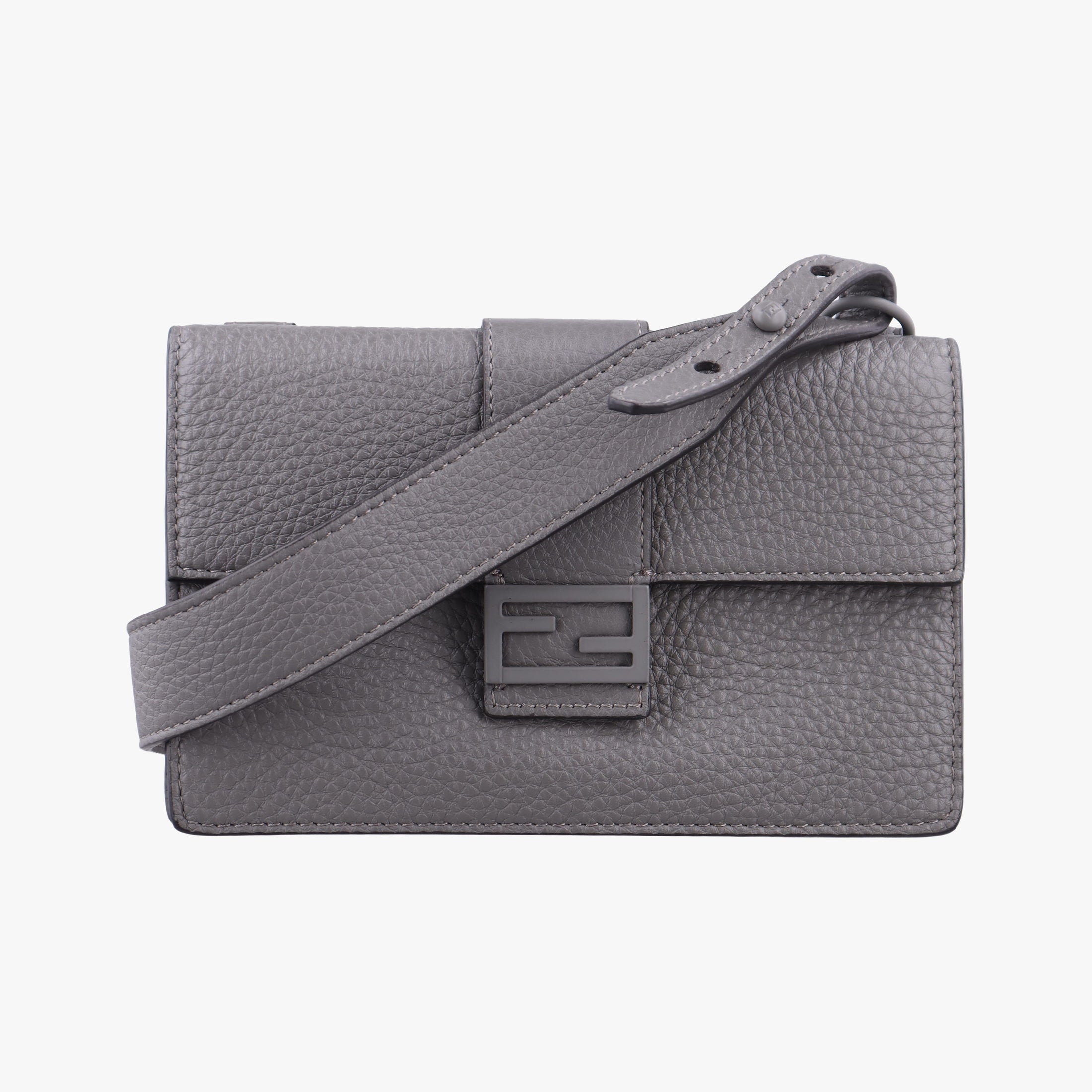 Pre-owned Fendi FF Logo Baguette slim Grey Leather 7M0295 shoulderbag | stylenewstar