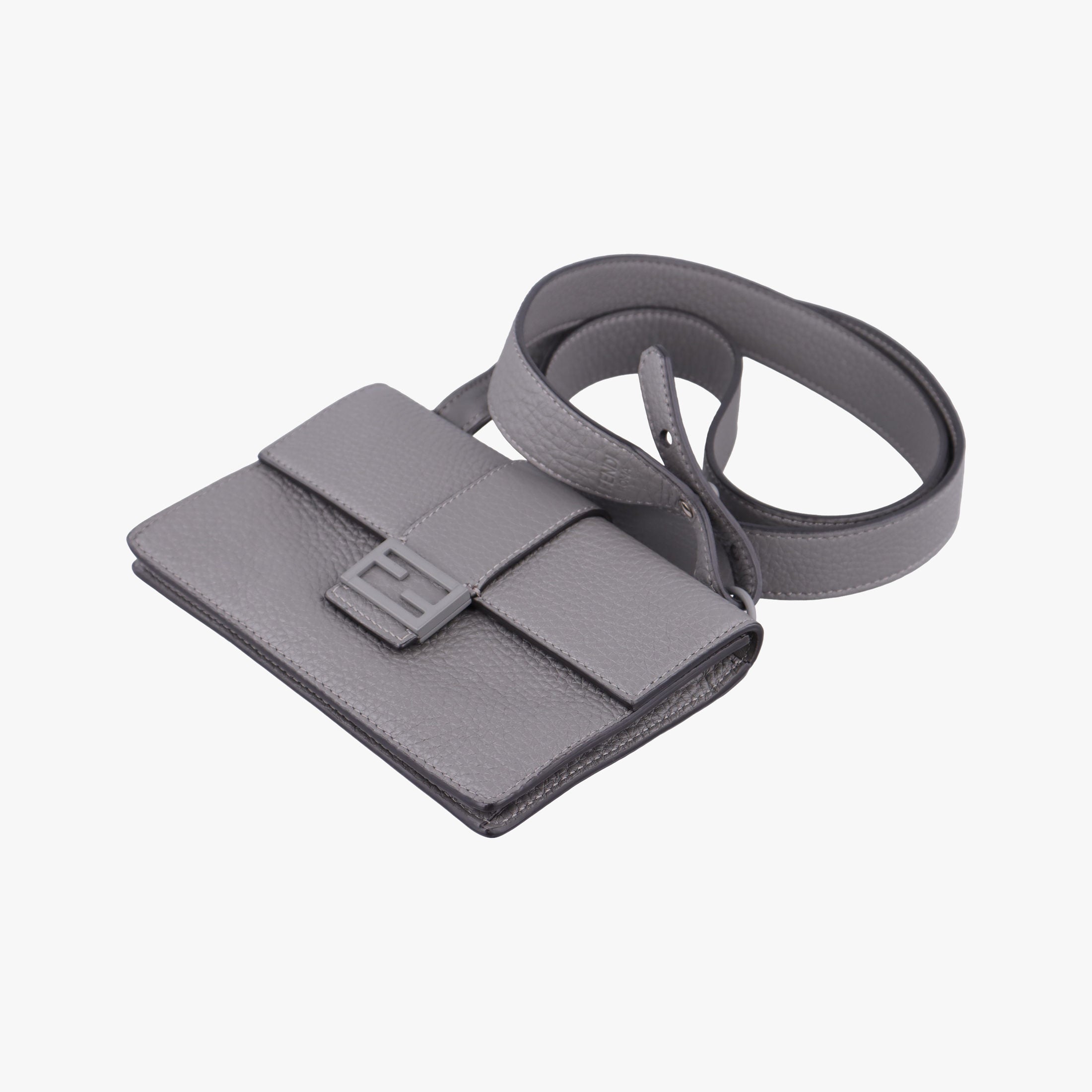 Pre-owned Fendi FF Logo Baguette slim Grey Leather 7M0295 shoulderbag | stylenewstar