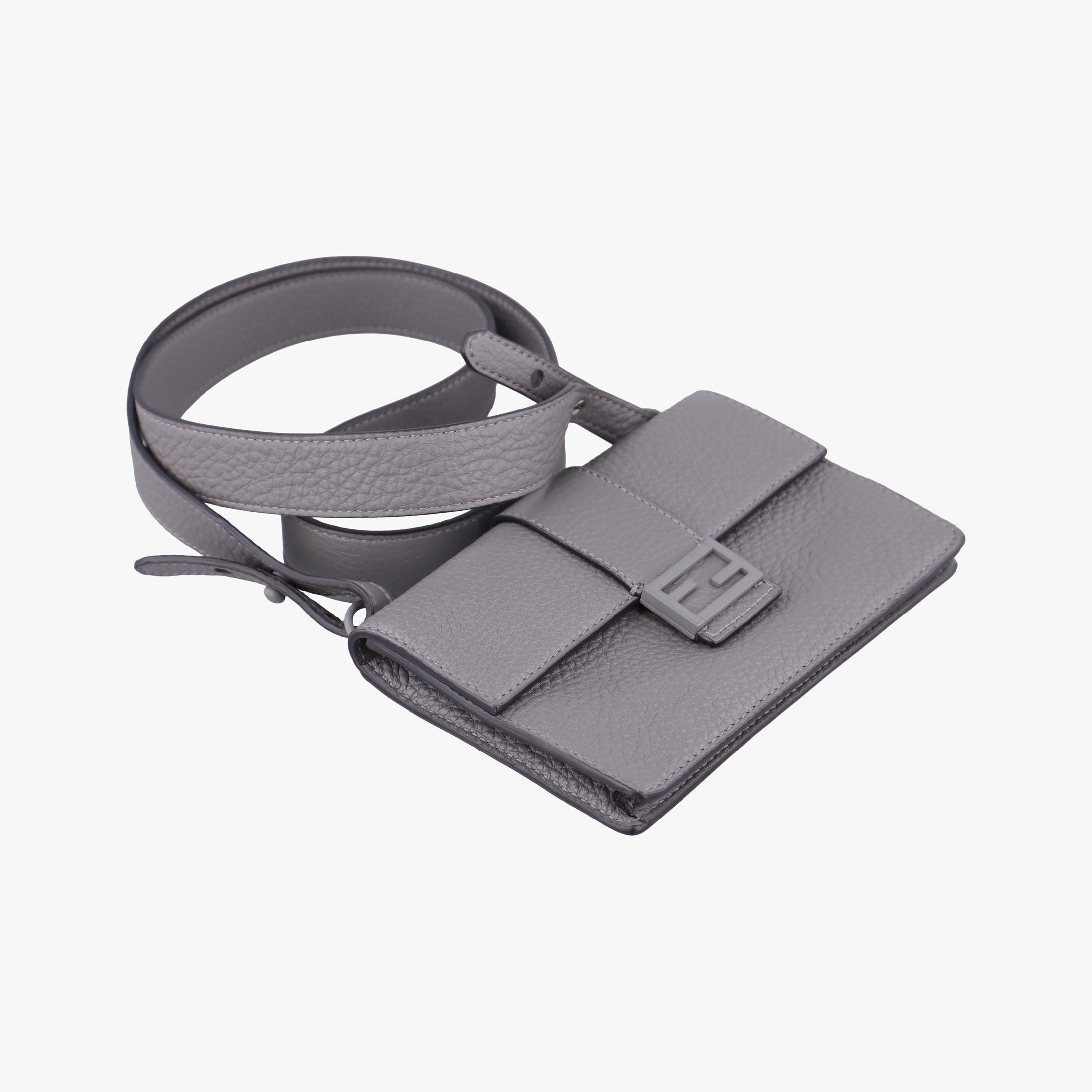 Pre-owned Fendi FF Logo Baguette slim Grey Leather 7M0295 shoulderbag | stylenewstar