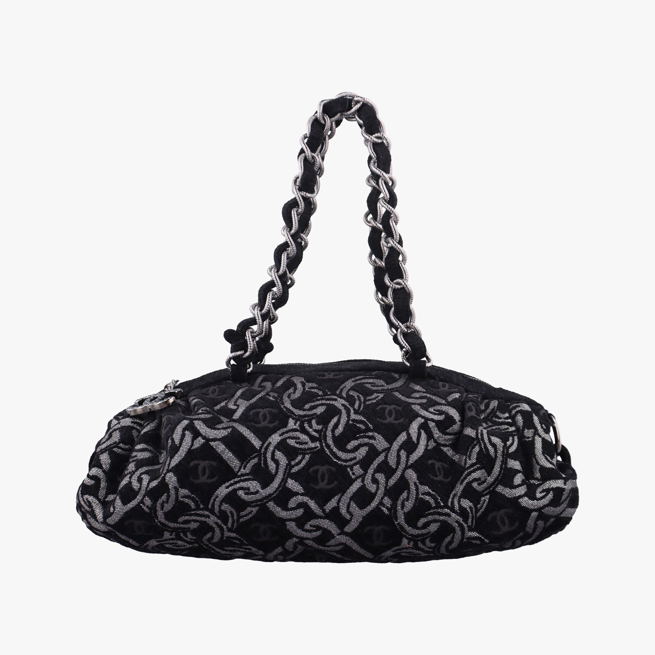 Vintage Chanel Interlocking CC Chain Motif Black Cotton Canvas interwoven A29996 shoulderbag | stylenewstar