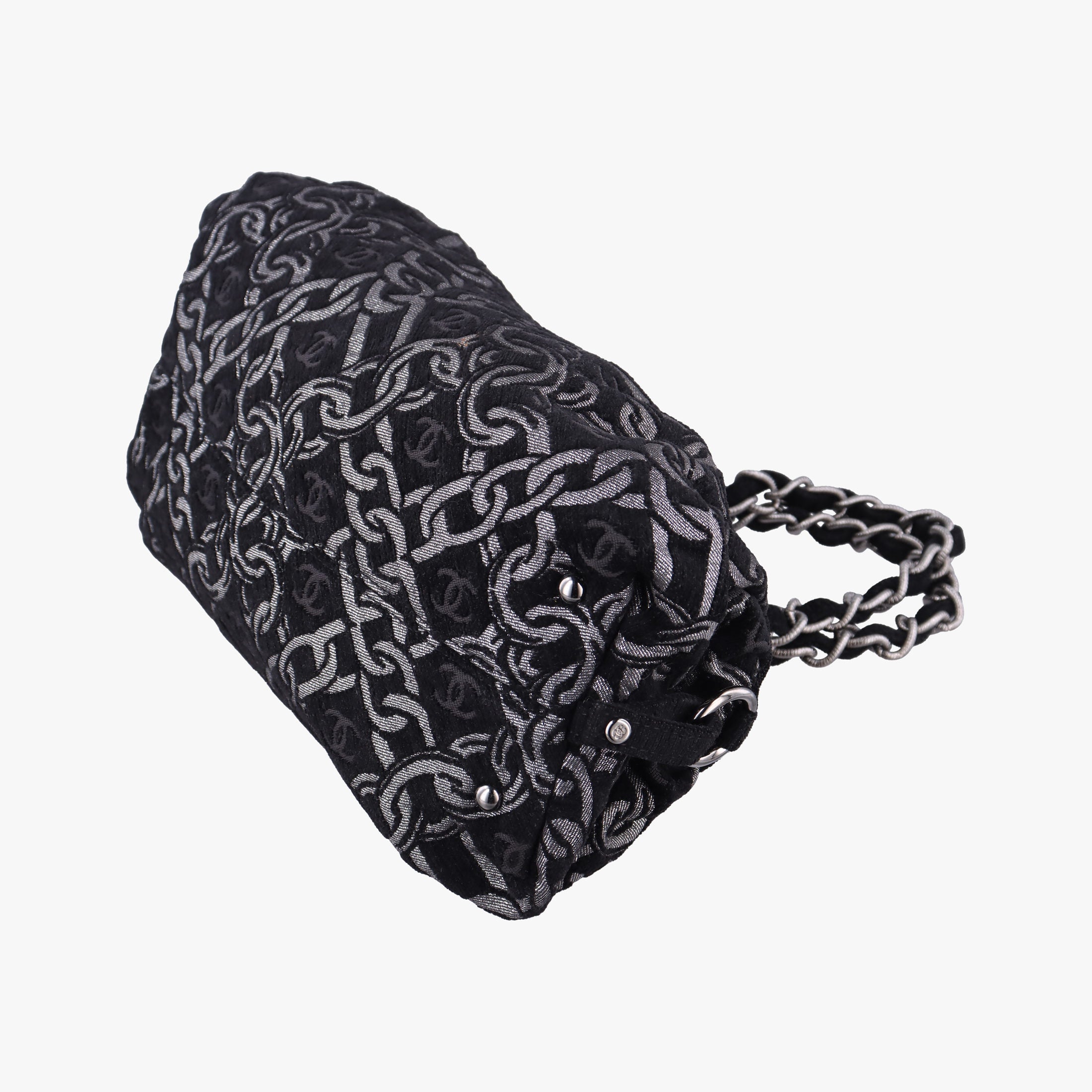 Vintage Chanel Interlocking CC Chain Motif Black Cotton Canvas interwoven A29996 shoulderbag | stylenewstar