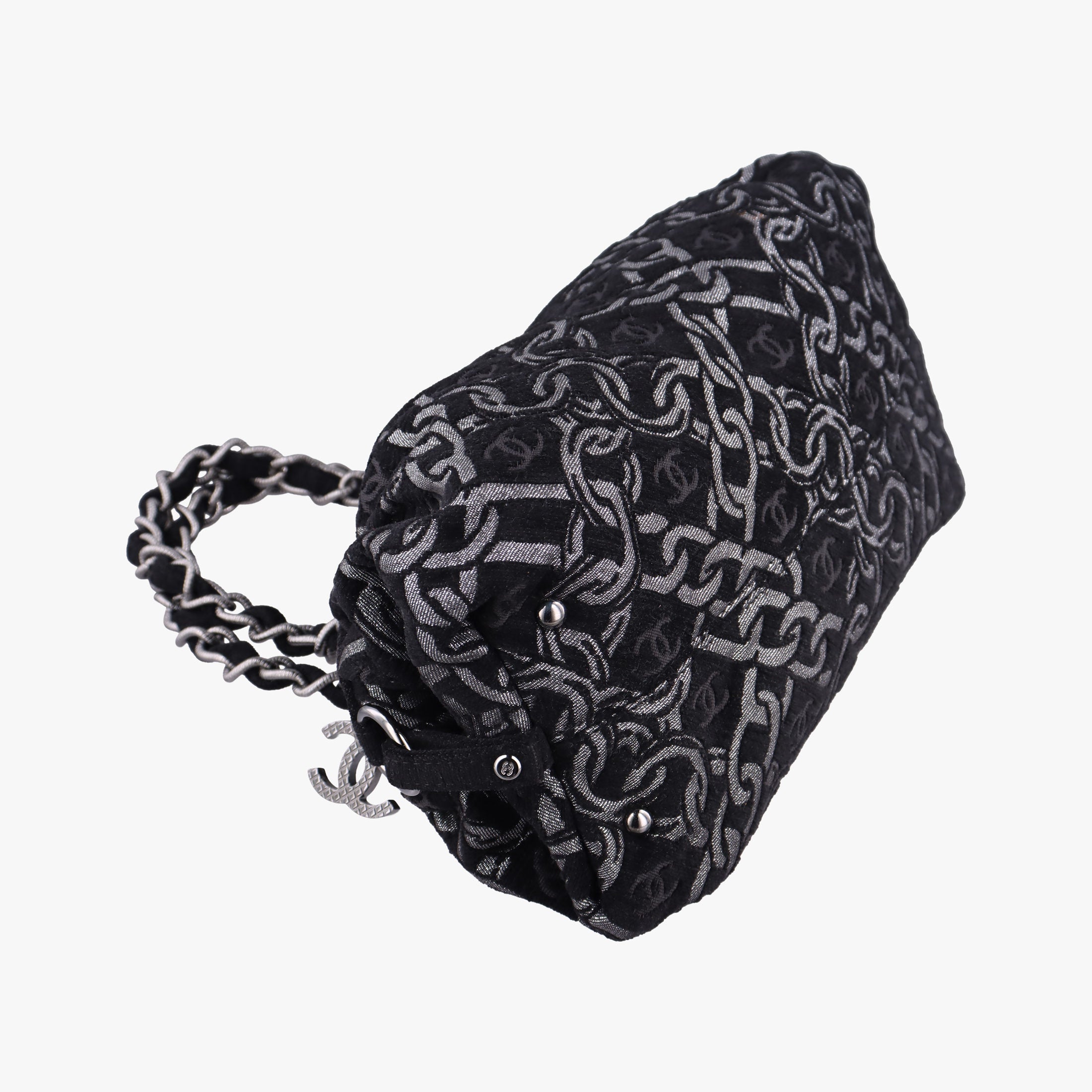 Vintage Chanel Interlocking CC Chain Motif Black Cotton Canvas interwoven A29996 shoulderbag | stylenewstar