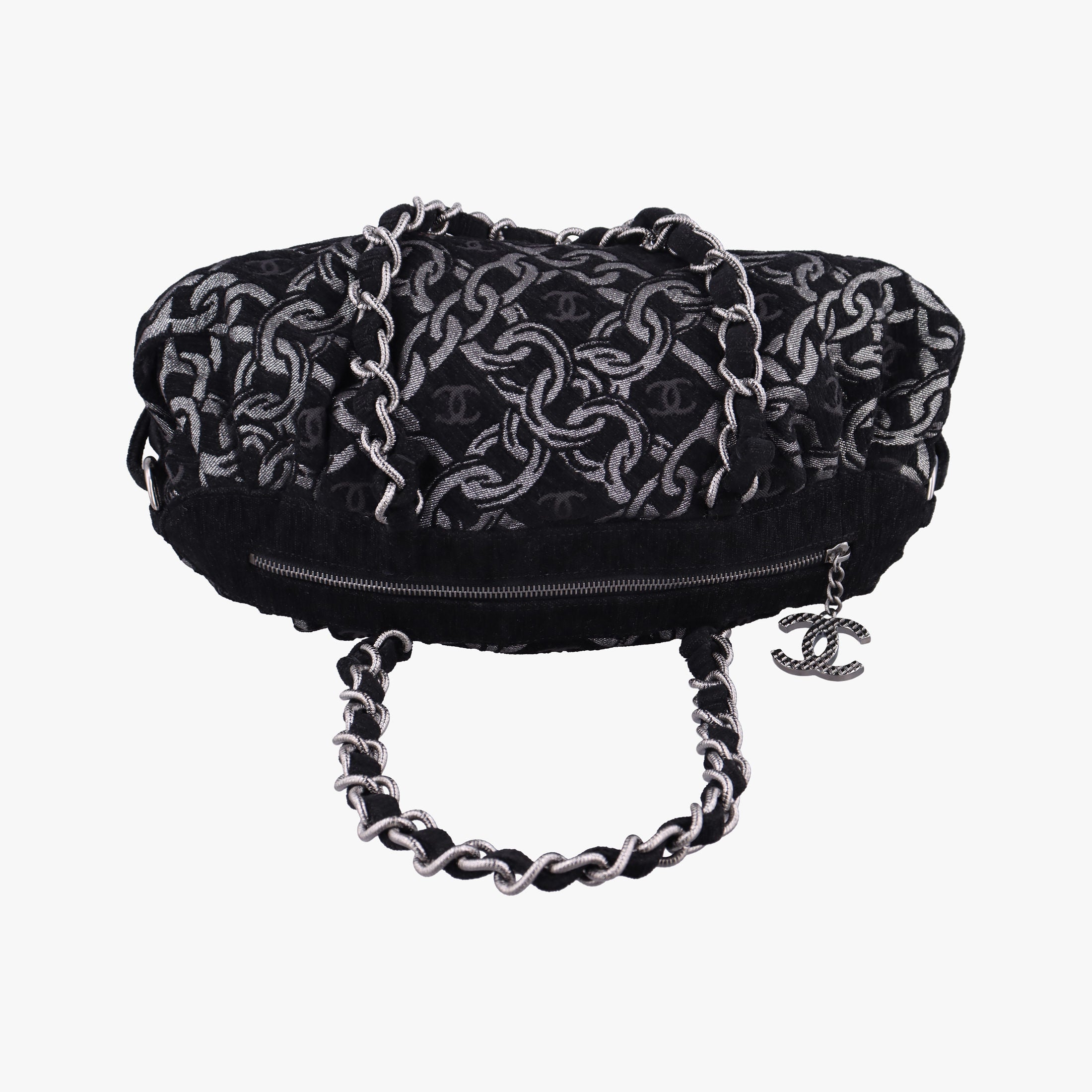 Vintage Chanel Interlocking CC Chain Motif Black Cotton Canvas interwoven A29996 shoulderbag | stylenewstar