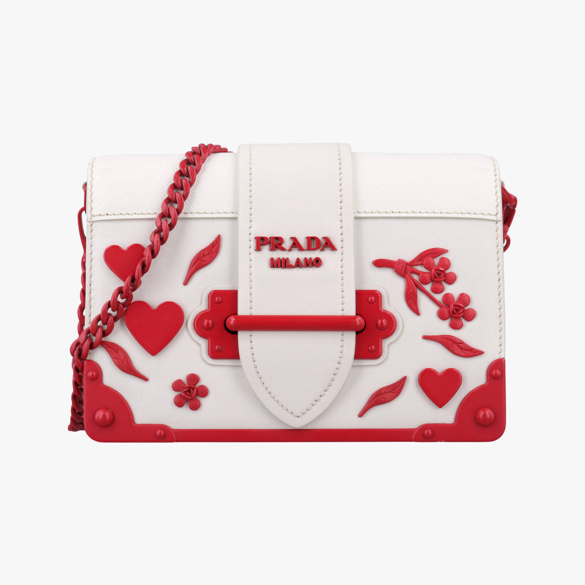 Secondhand Prada Cahier Heart and Flower White×red leather  shoulderbag | stylenewstar
