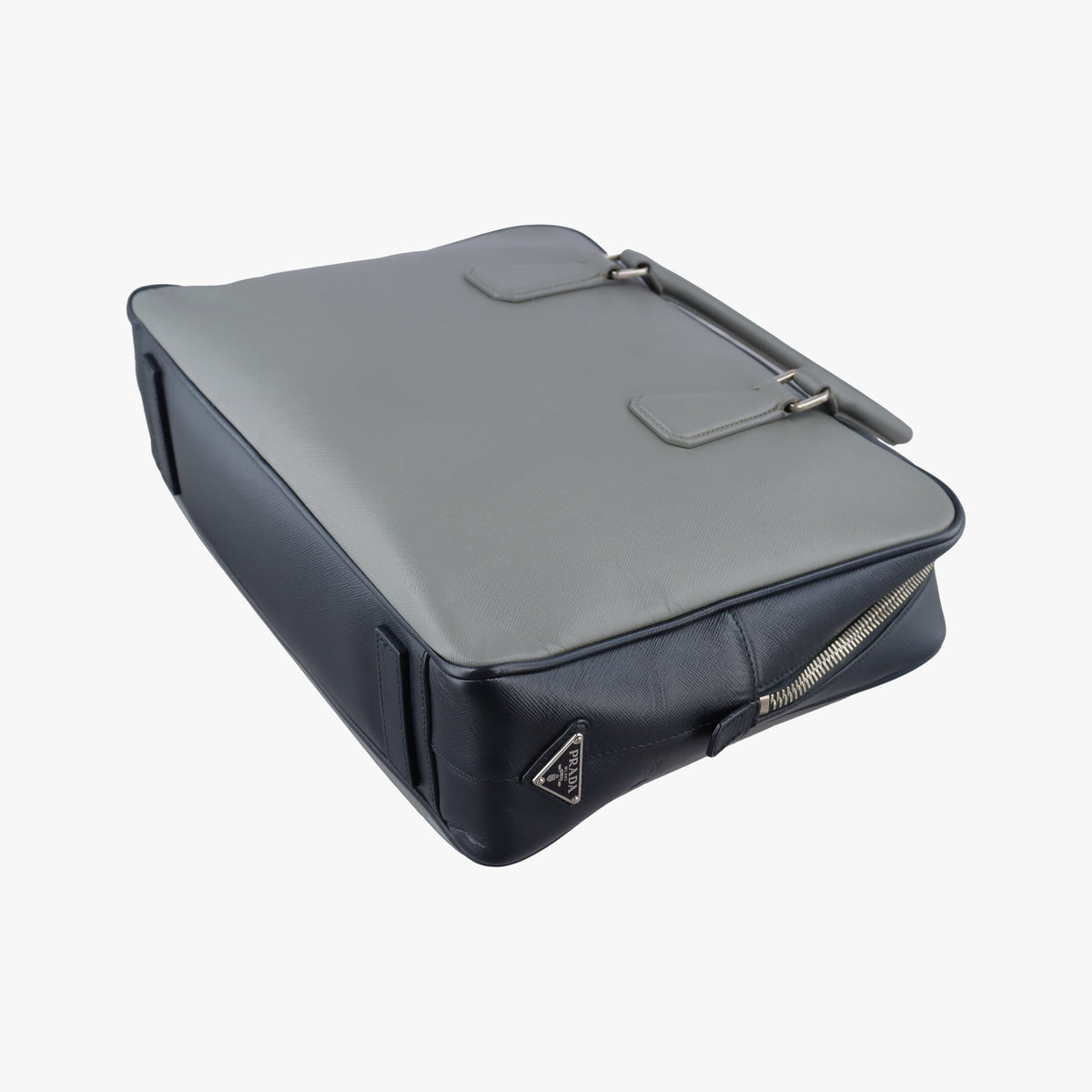 Pre-owned Prada business bag briefcase Grey x Navy SAFFIANO Leather 2VE363 handbag | stylenewstar