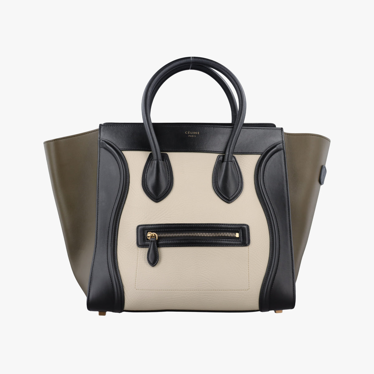 Pre-owned Celine Luggage Mini Shopper Beige x Black x Green leather  handbag | stylenewstar