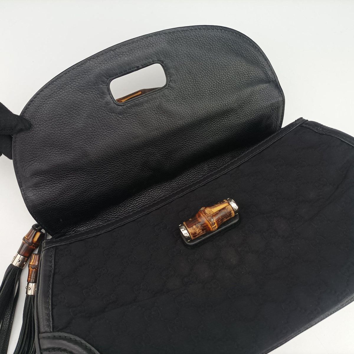 Pre-owned Gucci New Bamboo Black canvas× leather 240241 shoulderbag | stylenewstar