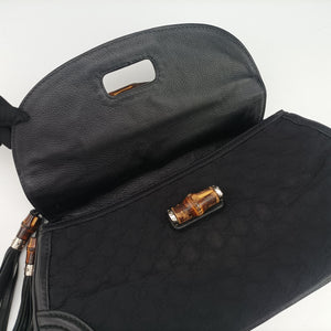 Pre-owned Gucci New Bamboo Black canvas× leather 240241 shoulderbag | stylenewstar