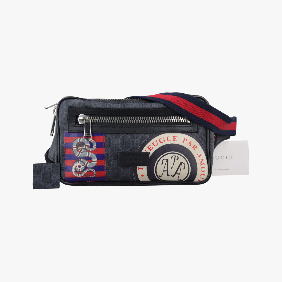 Vintage Gucci Night Courrier badge embellished Black×multi PVC coated canvas 474293 bum bag/waist bag | stylenewstar