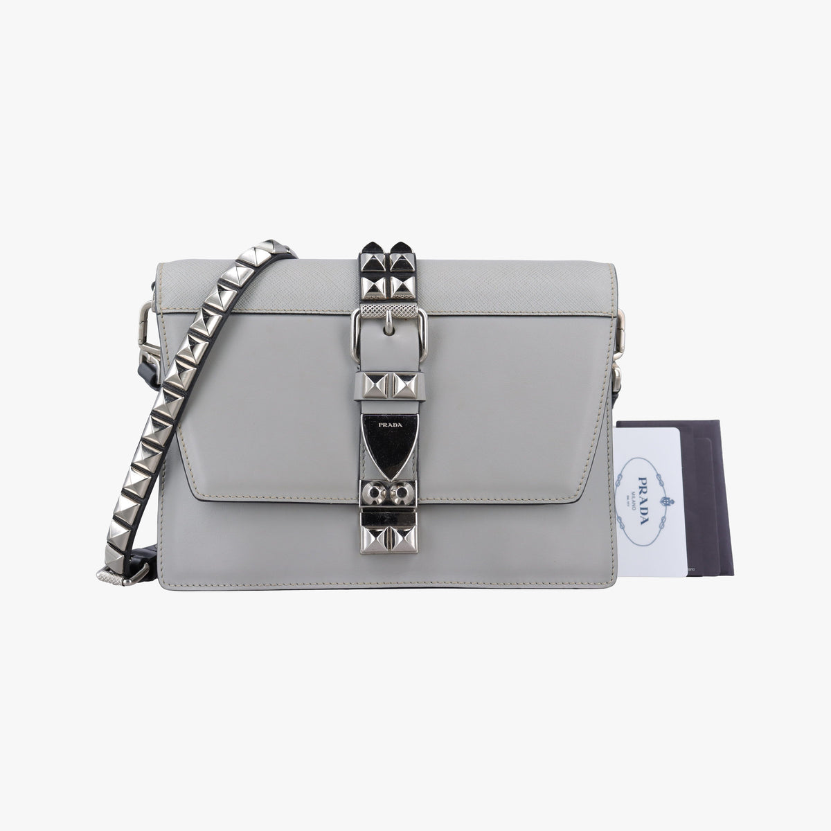 Pre-owned Prada Electra Studded Grey leather 1BD120 shoulderbag | stylenewstar