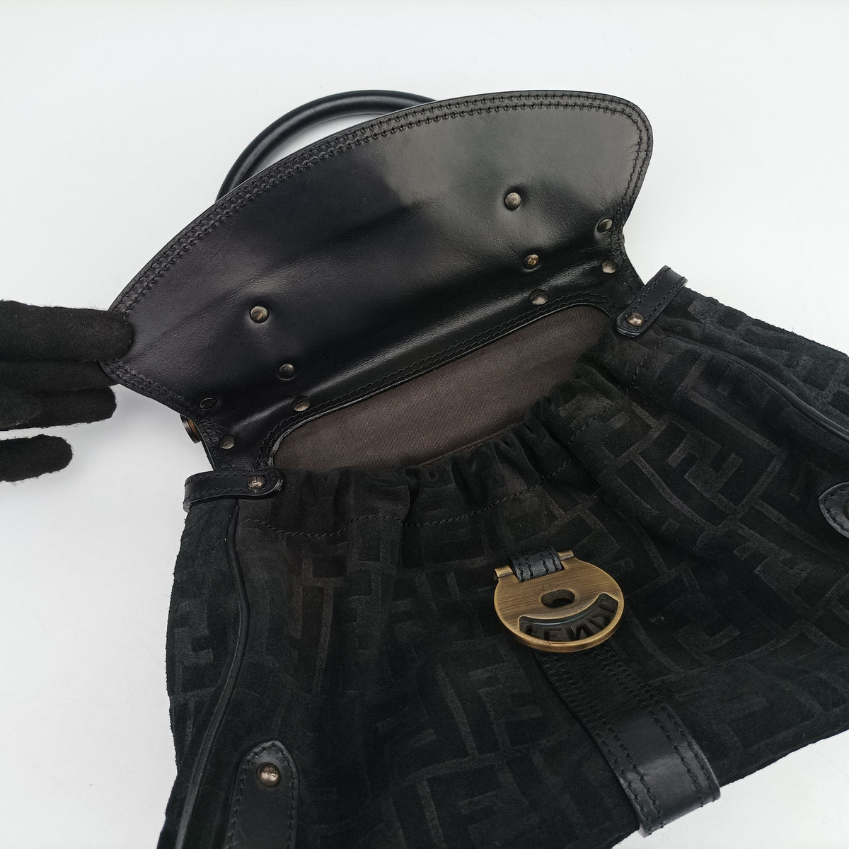 Pre-owned Fendi Zucca Borse Magic Black Suede × Leather 8BN143 handbag | stylenewstar